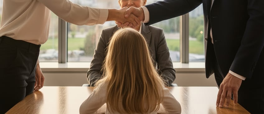 Two parents shaking hands in a mediation session, with a child nearby, symbolizing peaceful custody resolution.