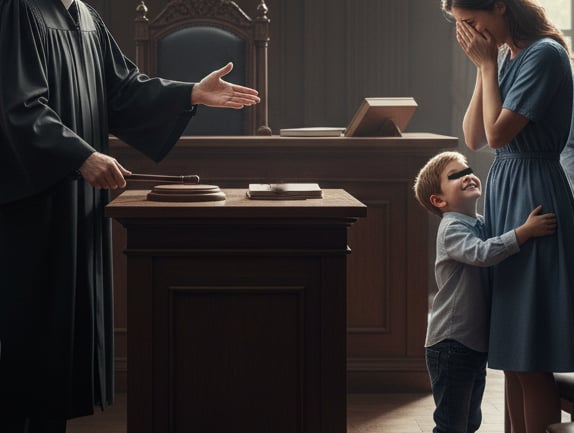 A courtroom scene where a judge announces custody in favor of the mother.