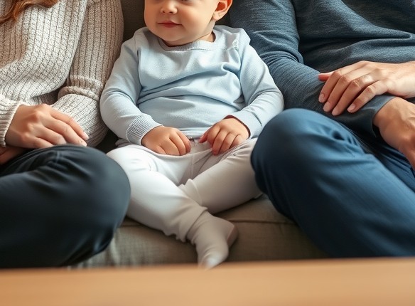 A child sitting on a cozy couch between two calm, loving parents