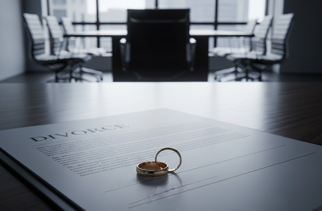 A lawyer's office, with a divorce document on the table.