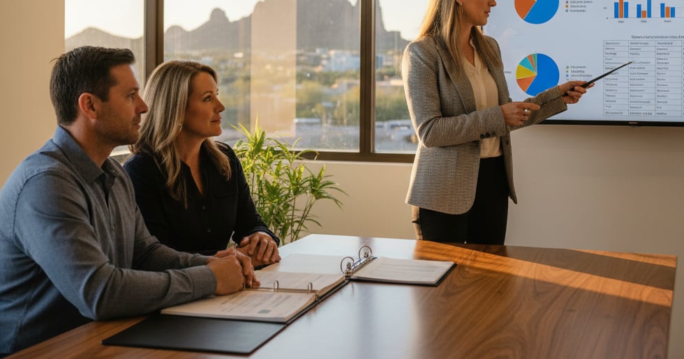 divorce-assistance A legal professional explaining property division with charts and documents in a modern Scottsdale office.