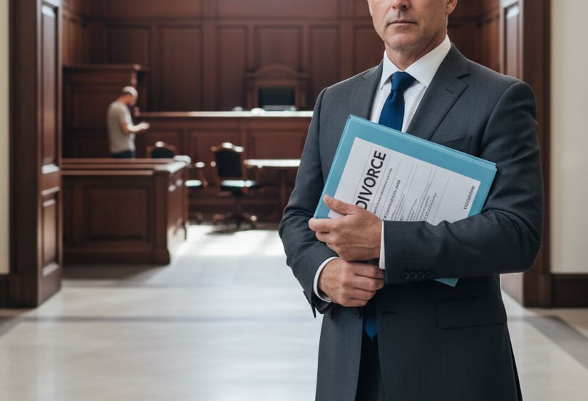 A professional divorce attorney holding a process file under his arm, standing in a courtroom visible in the background.