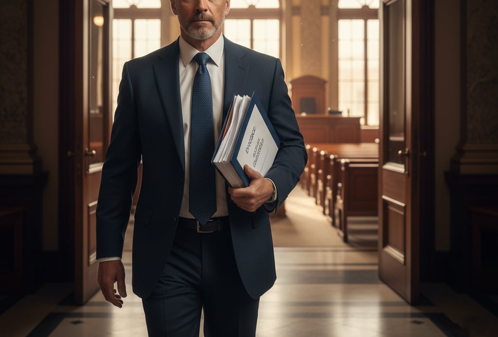 A lawyer holding divorce papers, with a courtroom visible in the background.