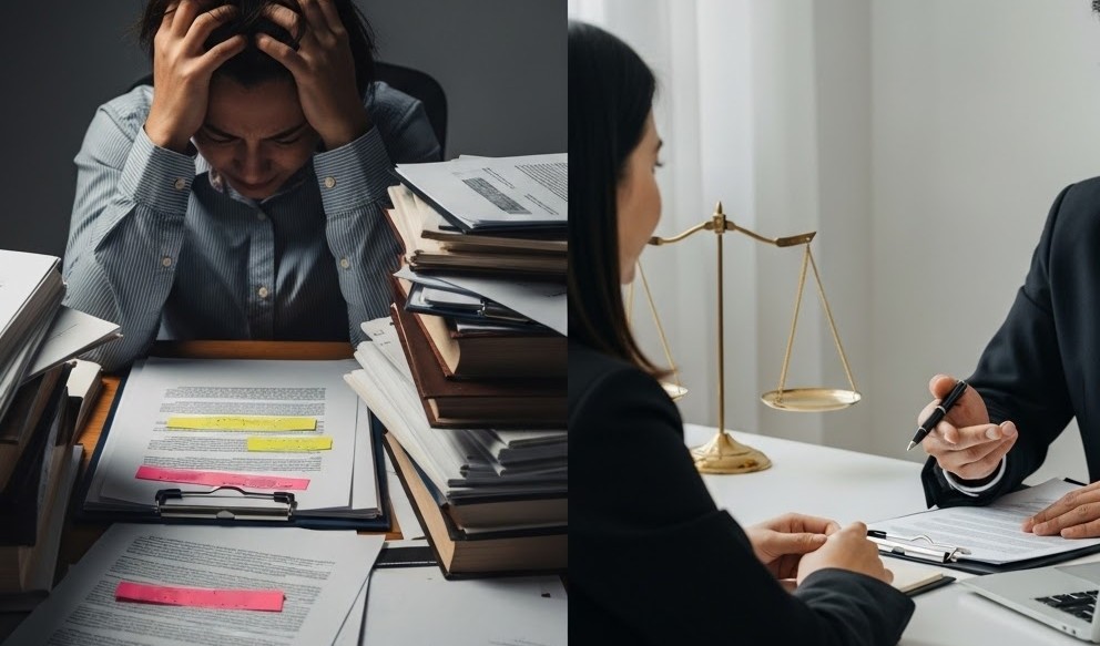 A split image — on one side, a person stressed, surrounded by confusing legal papers; on the other side, the same person calm, seated across from a professional attorney
