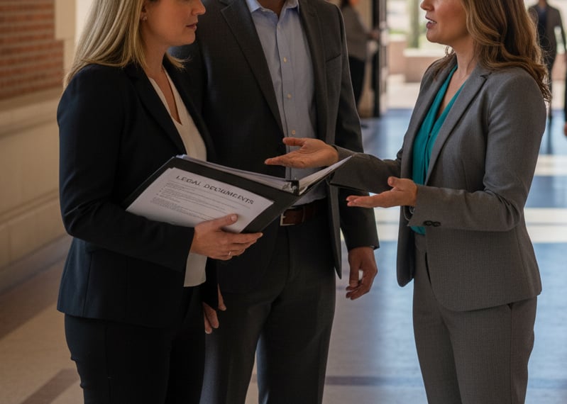 divorce-case An empathetic family law attorney guiding a couple through the Tucson courthouse process.