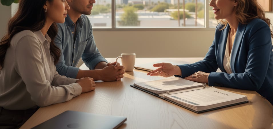 A compassionate family law attorney consulting with a couple in a modern Gilbert office.