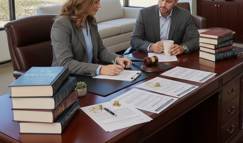 The lawyer is leaning forward, holding a pen, and pointing to a document. The client is listening intently, holding a mug. The desk is covered with stacks of legal books, several divorce-related documents and a gavel.
