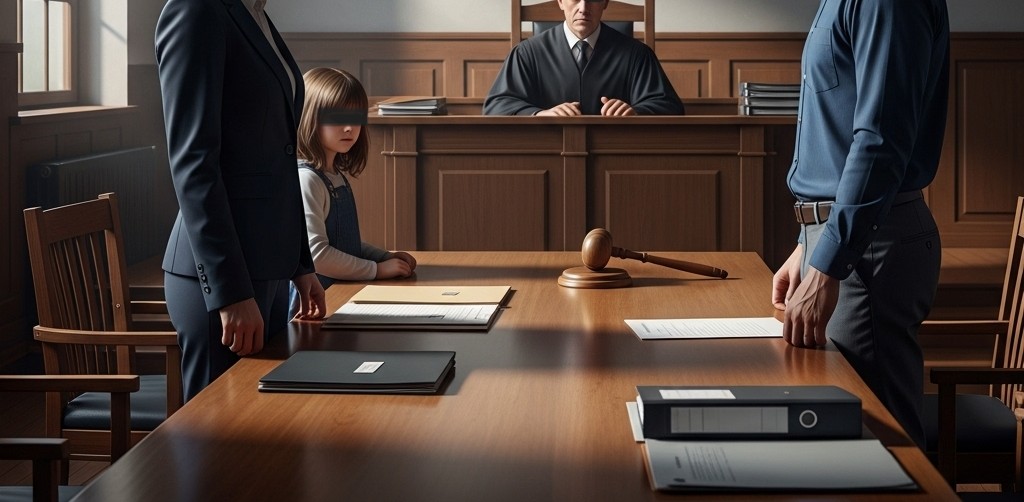 family-law-2 A tense family scene in a courtroom, with a mother and father standing on opposite sides of a large table, and their young child standing timidly between them.