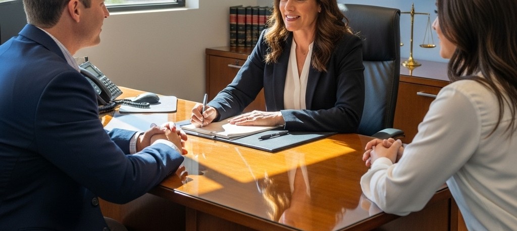 a family law attorney consulting with clients in a modern office