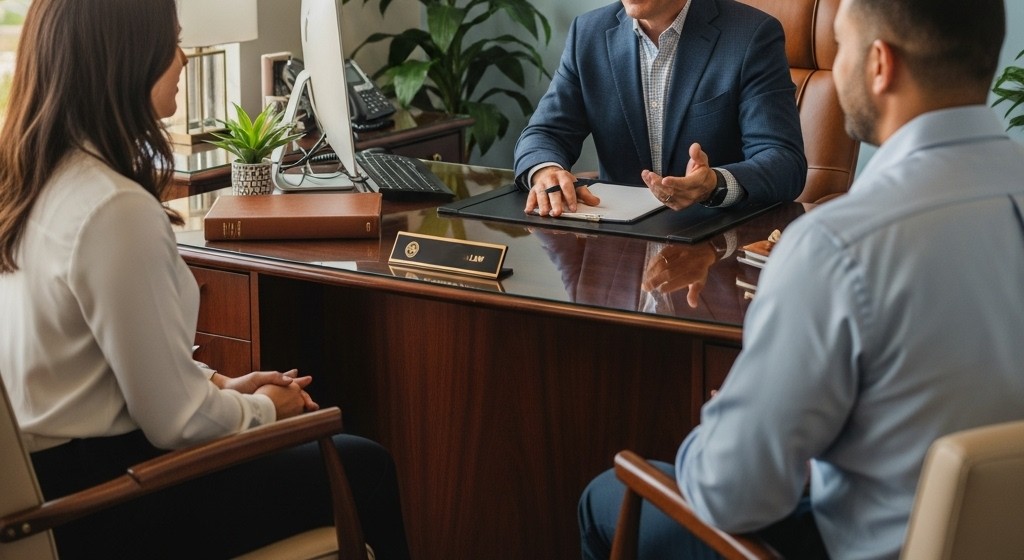 a family law attorney consulting with clients in a modern office
