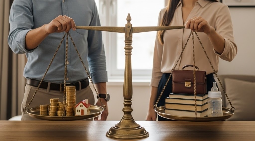 Two parents balancing scales (symbolizing shared income & responsibility)