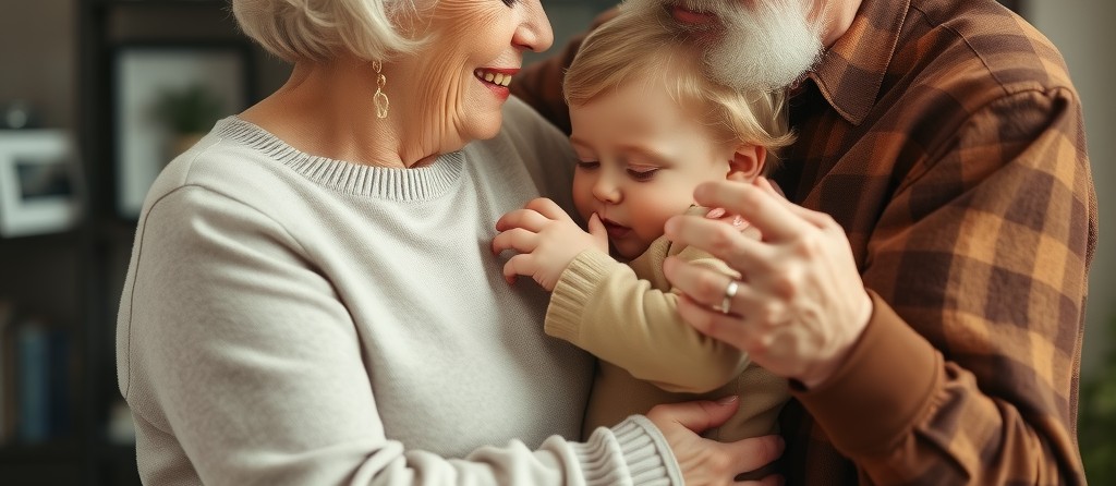 A loving scene with an elderly couple (grandparents) gently hugging a young child in a home setting.