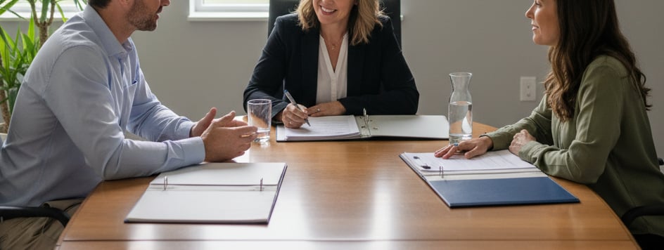A calm, neutral mediation room where a couple discusses custody with a mediator, conveying cooperation and resolution.