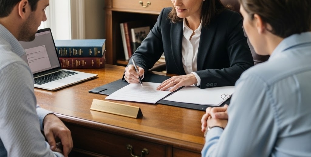 A family law attorney at a desk with two parents reviewing a document