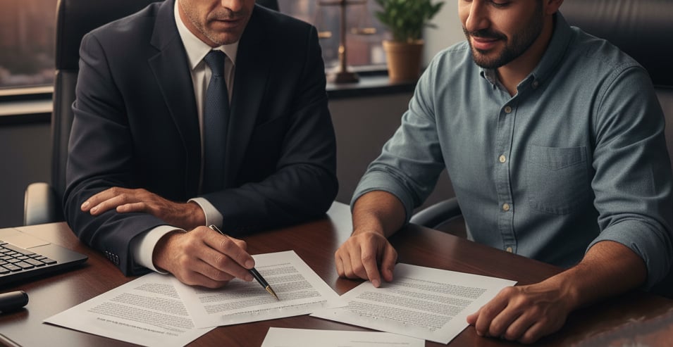 An attorney guiding a father through legal documents, emphasizing paternity establishment and rights.