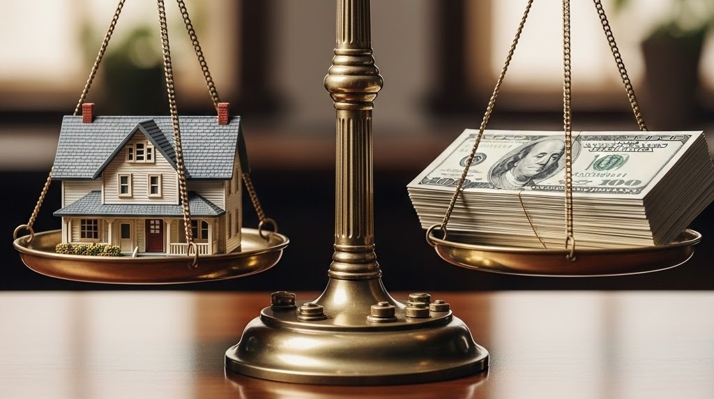 a scale of justice balanced between a house and money, symbolizing fair division of property