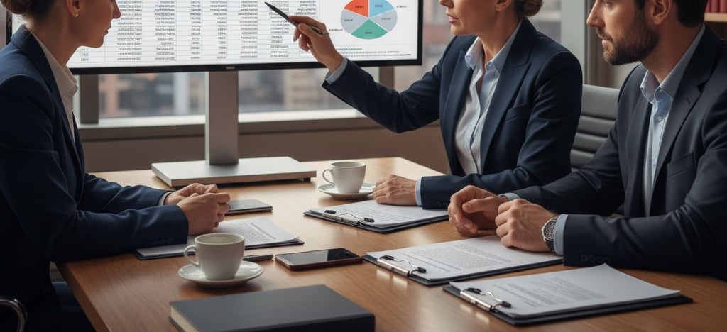 A lawyer guiding a couple through the pension division in a divorce meeting.