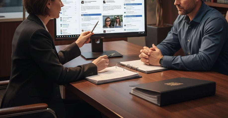 An attorney reviewing social media screenshots with a client in a divorce consultation.