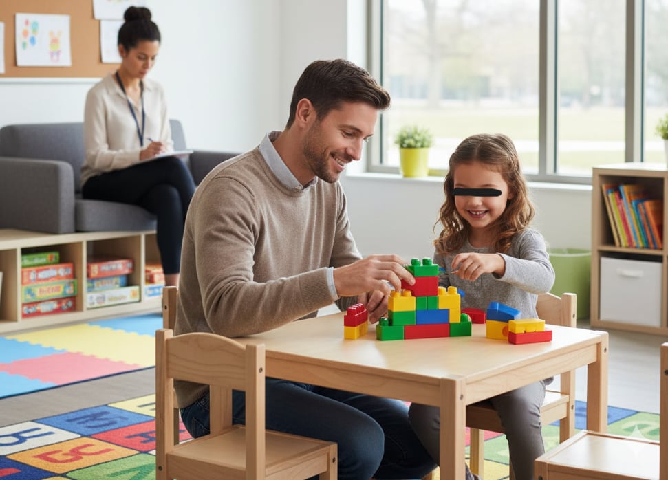 A supervised visitation center with a parent and child meeting under observation.
